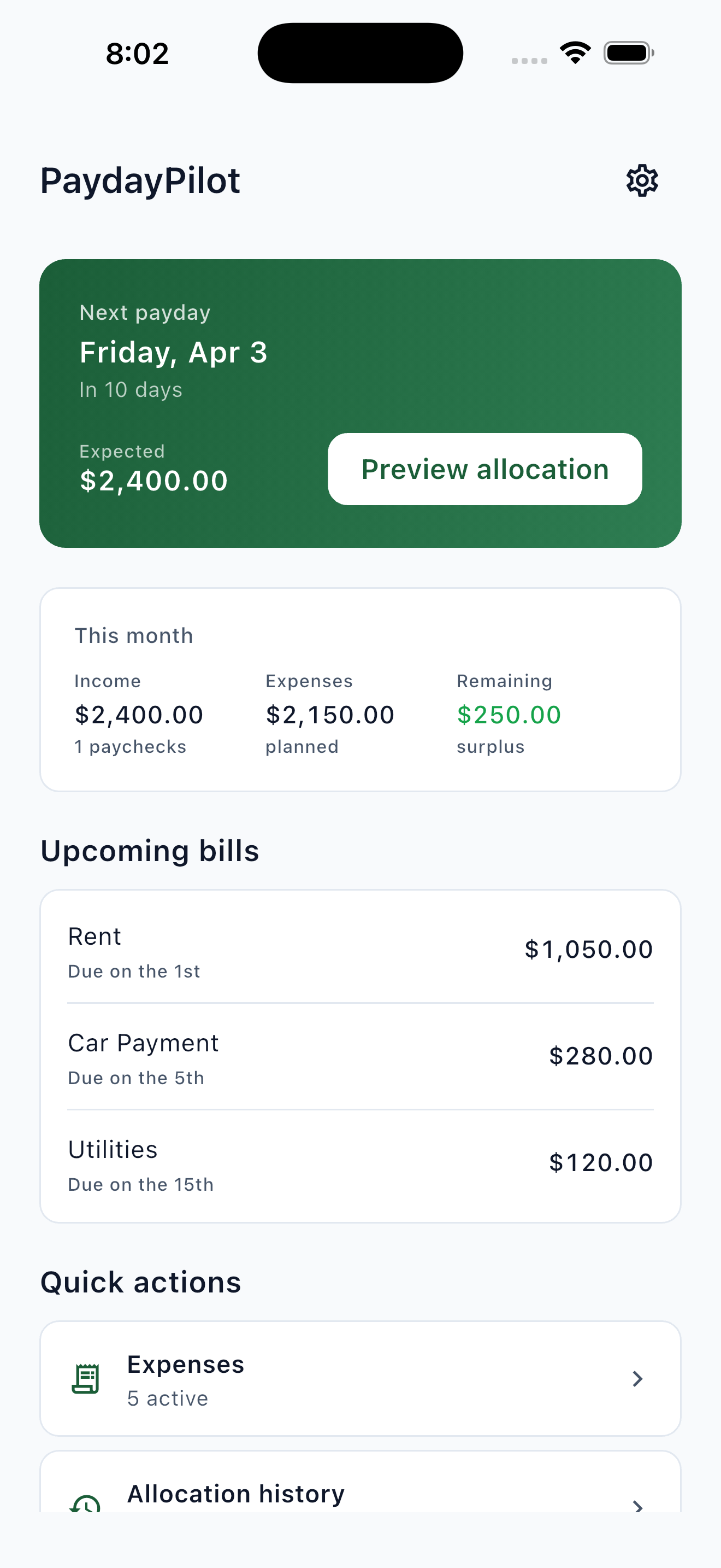 PaydayPilot app — home screen showing paycheck allocation